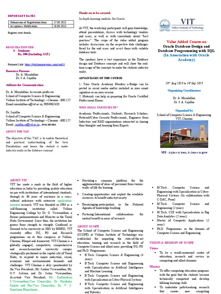 Oracle Database Design Course at VIT | PDF