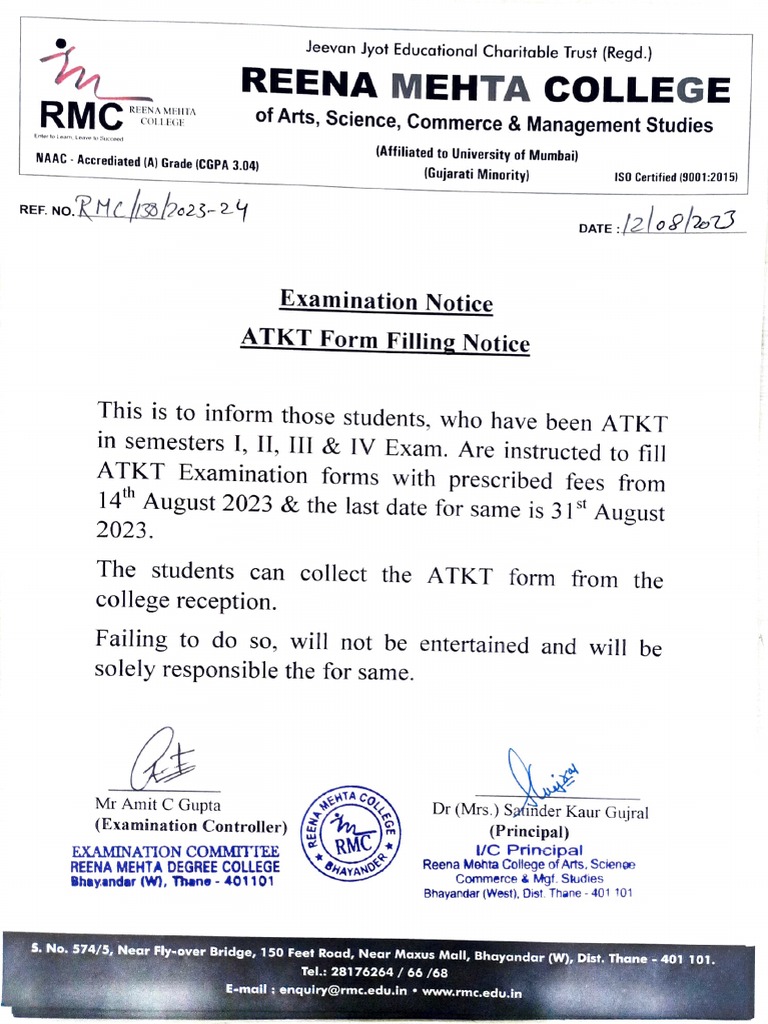 Sem i to iv atkt form filling notice pdf