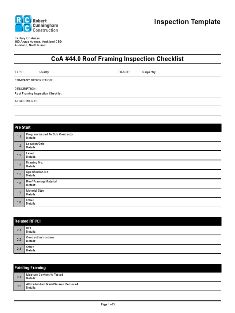Roof Framing Inspection Checklist | PDF | Screw | Building