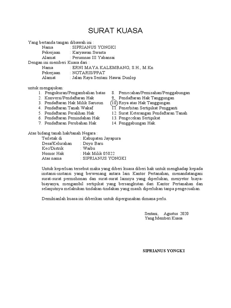Surat Kuasa Pengurusan Roya BPN | PDF