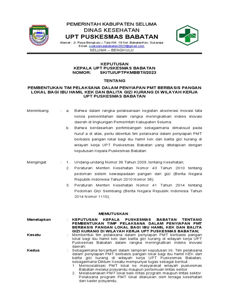 Pembentukan Tim PMT Pangan Lokal Seluma | PDF | Kesehatan Holistik
