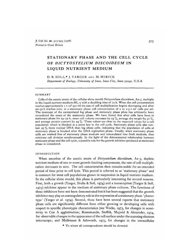 Stationary Phase in Dictyostelium Growth | PDF | Cell Cycle | Mean