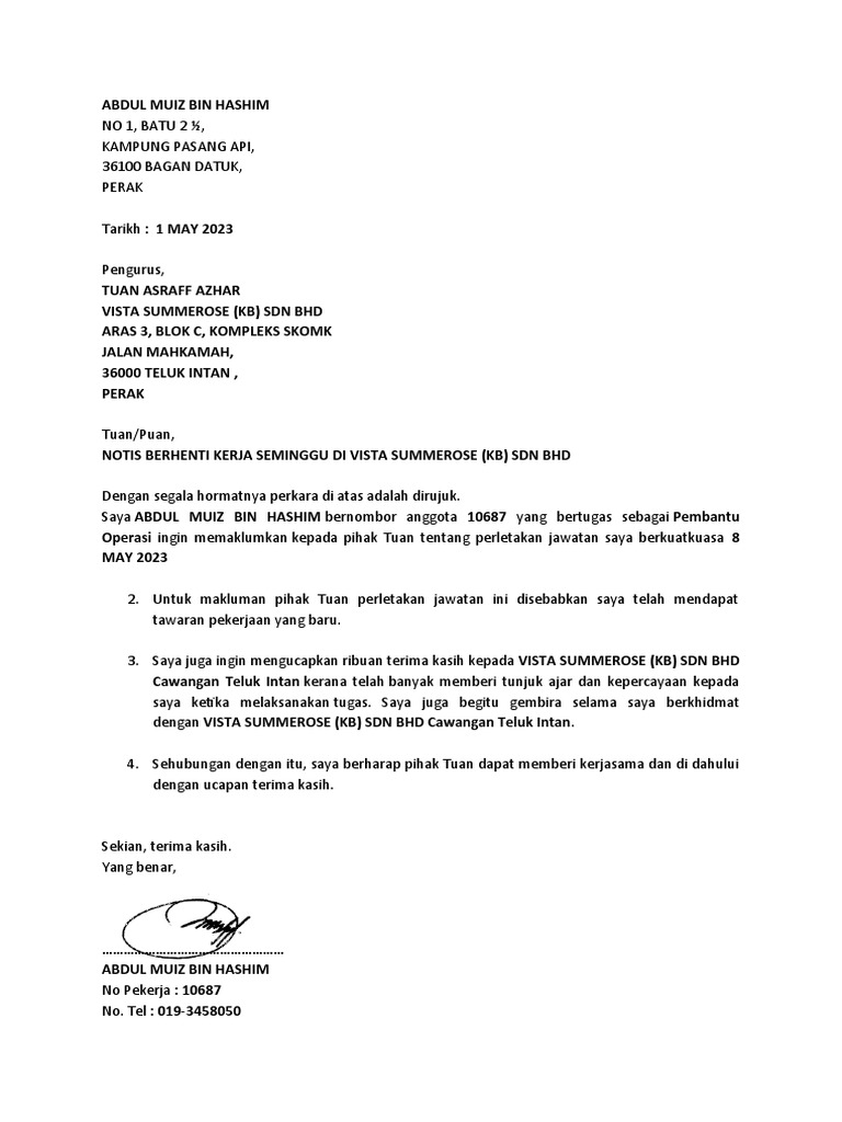 Notis Berhenti Kerja Pdf