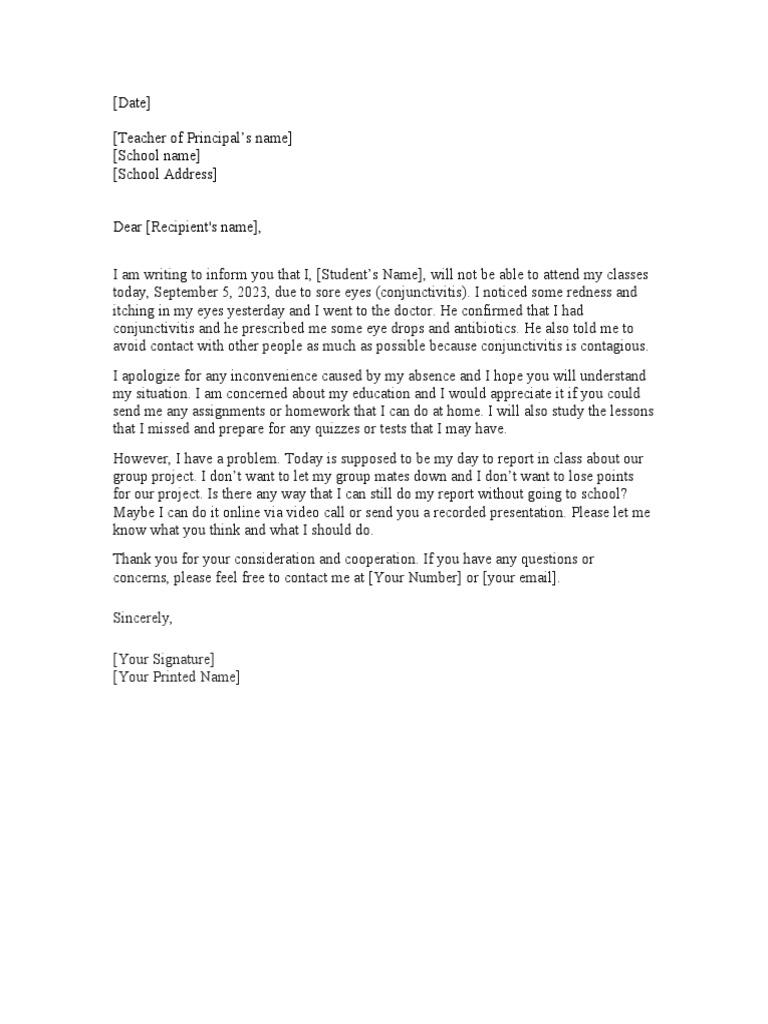 Excuse Letter for Sore Eyes | PDF