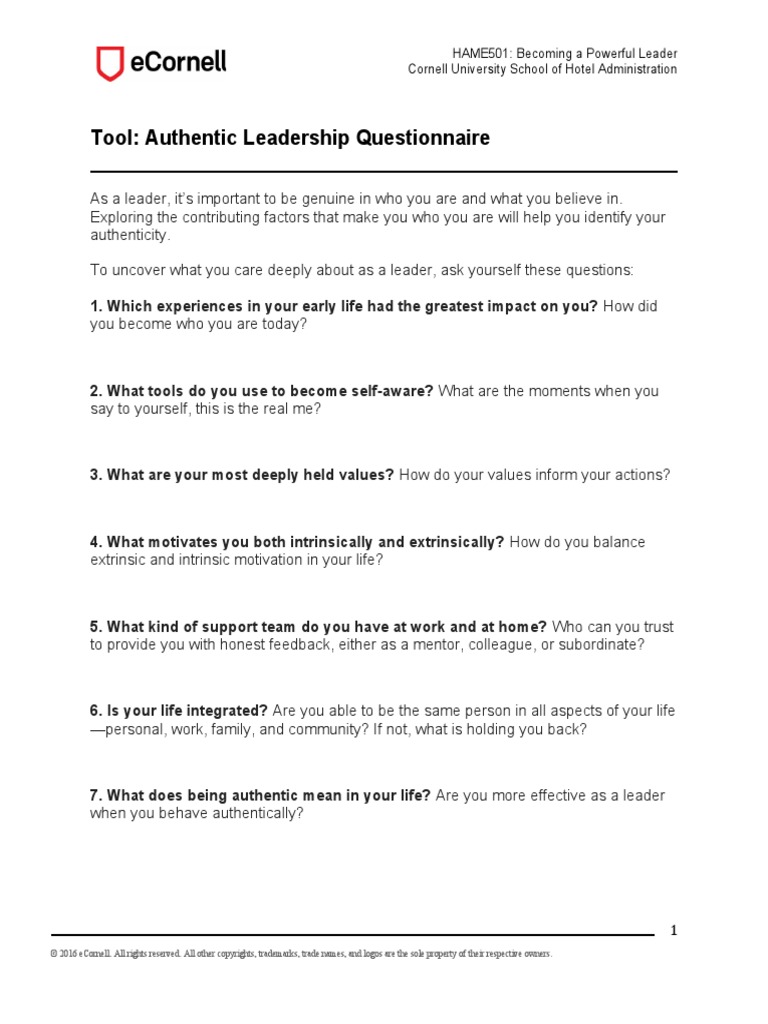 Hame501 Tool Authentic Leadership Questionnaire | PDF | Career & Growth ...