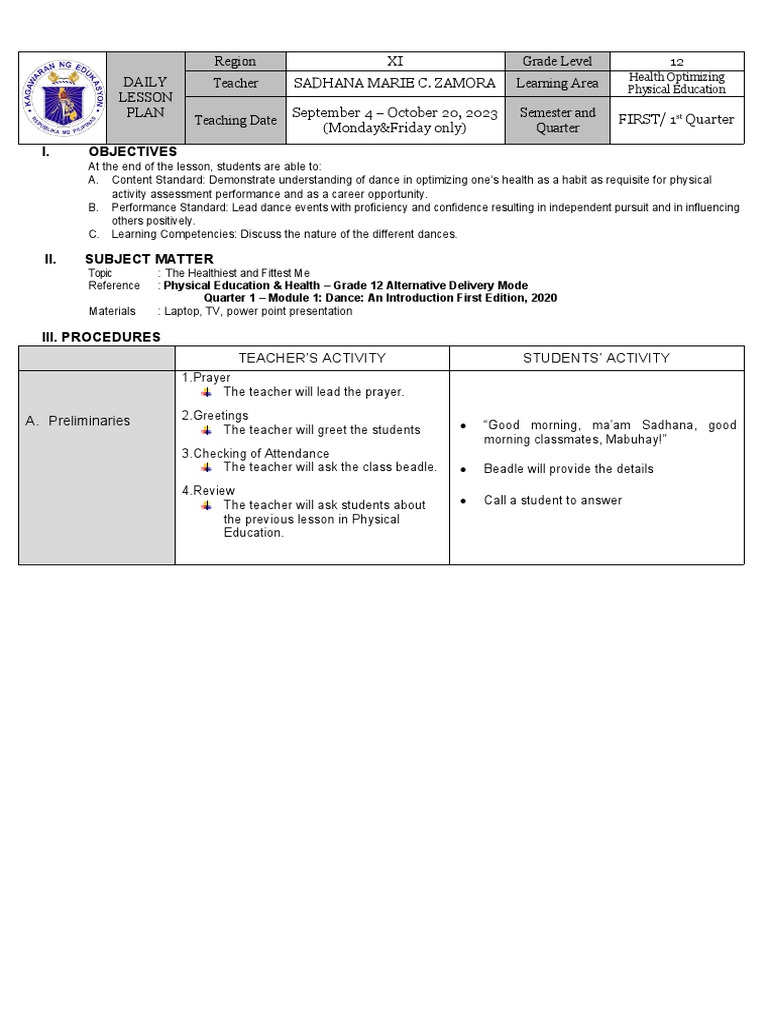 Grade 12 Health Dance Lesson Plan | PDF | Dances | Ballet