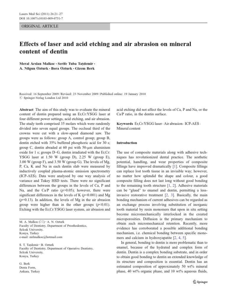 Effects of Laser and Acid Etching and Air Abrasion On Mineral Content