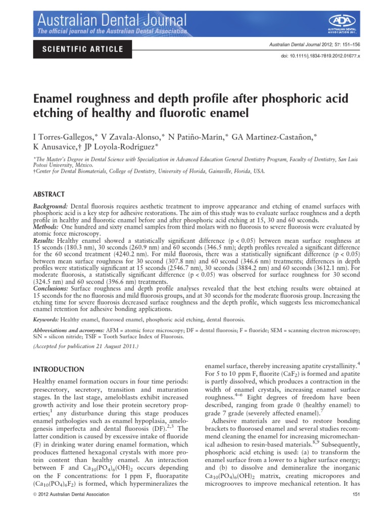 Enamel Roughness and Depth Profile After Phosphoric Acid Etching of