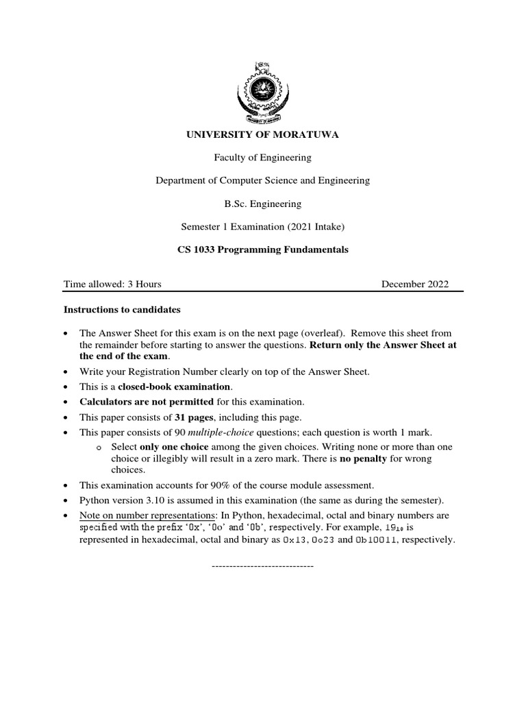 CS 1033 Programming Fundamentals Exam | PDF | Central Processing Unit ...