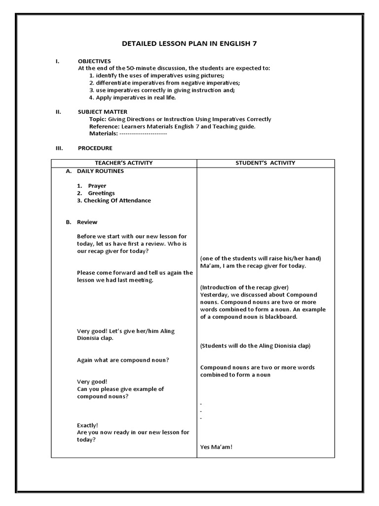 Lesson Plan on Imperatives for English 7 | PDF | Lesson Plan | Linguistics