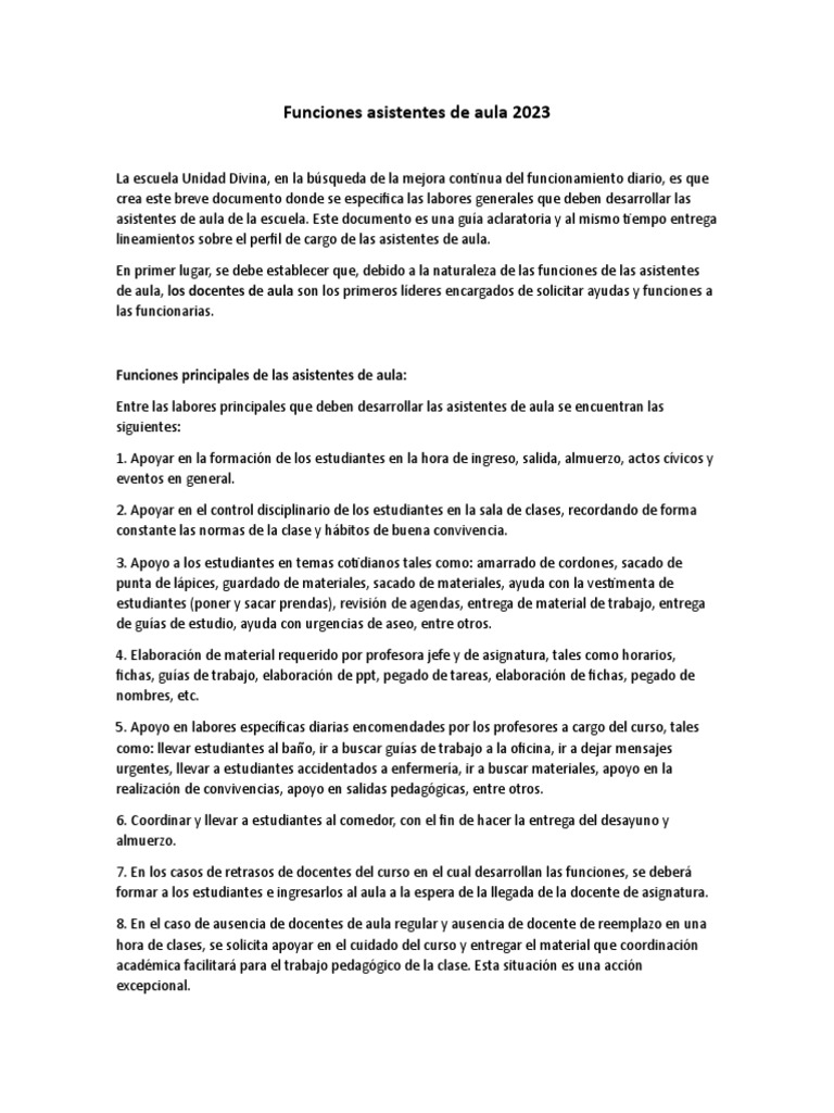 Funciones Asistentes de Aula.1 | PDF | Salón de clases | Maestros
