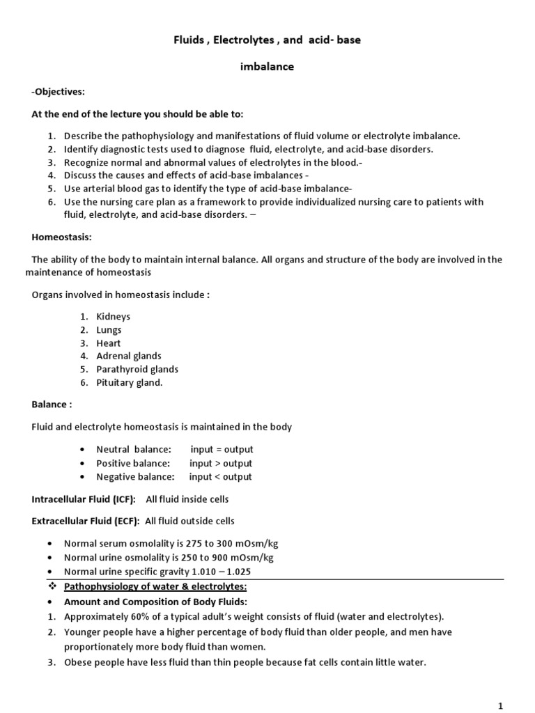 Fluid and Electrolyte Imbalance Overview | PDF | Electrolyte | Kidney