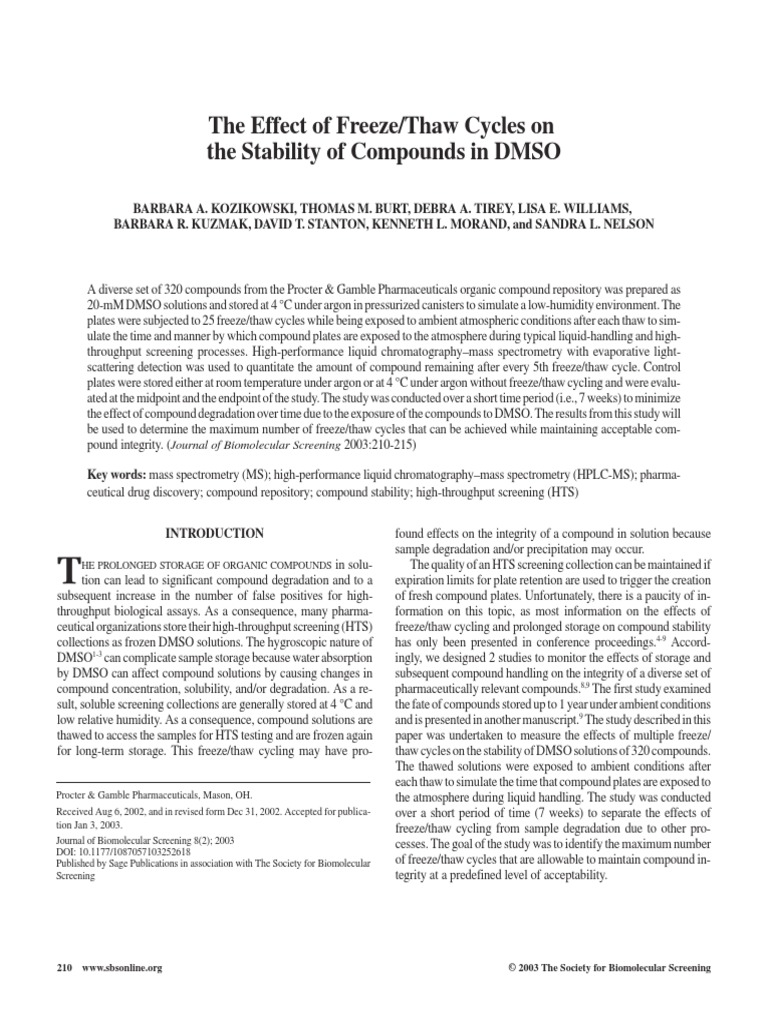 The Effect of Freeze/Thaw Cycles On The Stability of Compounds in DMSO