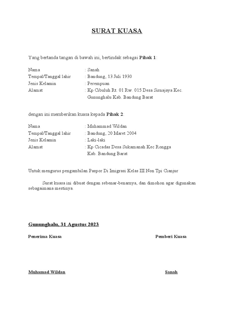 Contoh Surat Kuasa Perwakilan | PDF