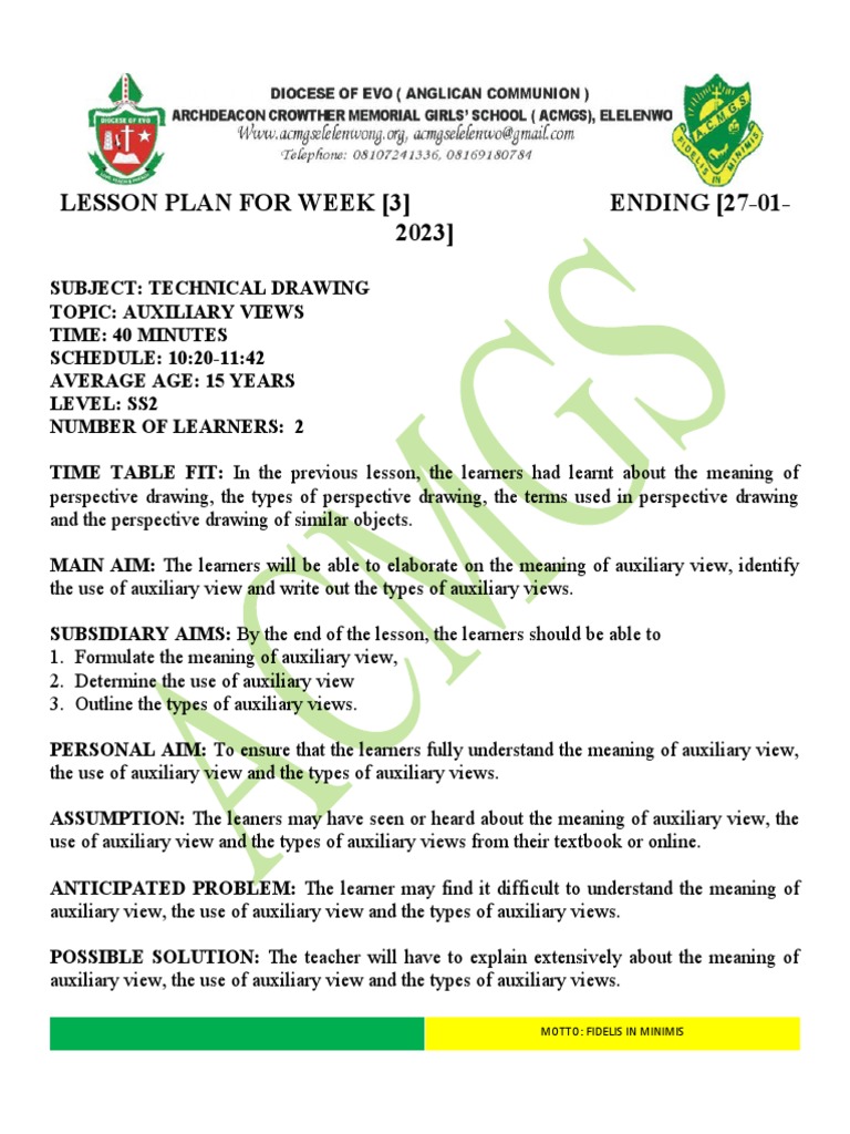Ss2 Technical Drawing Lesson Plan Week 3 PDF Perspective (Graphical