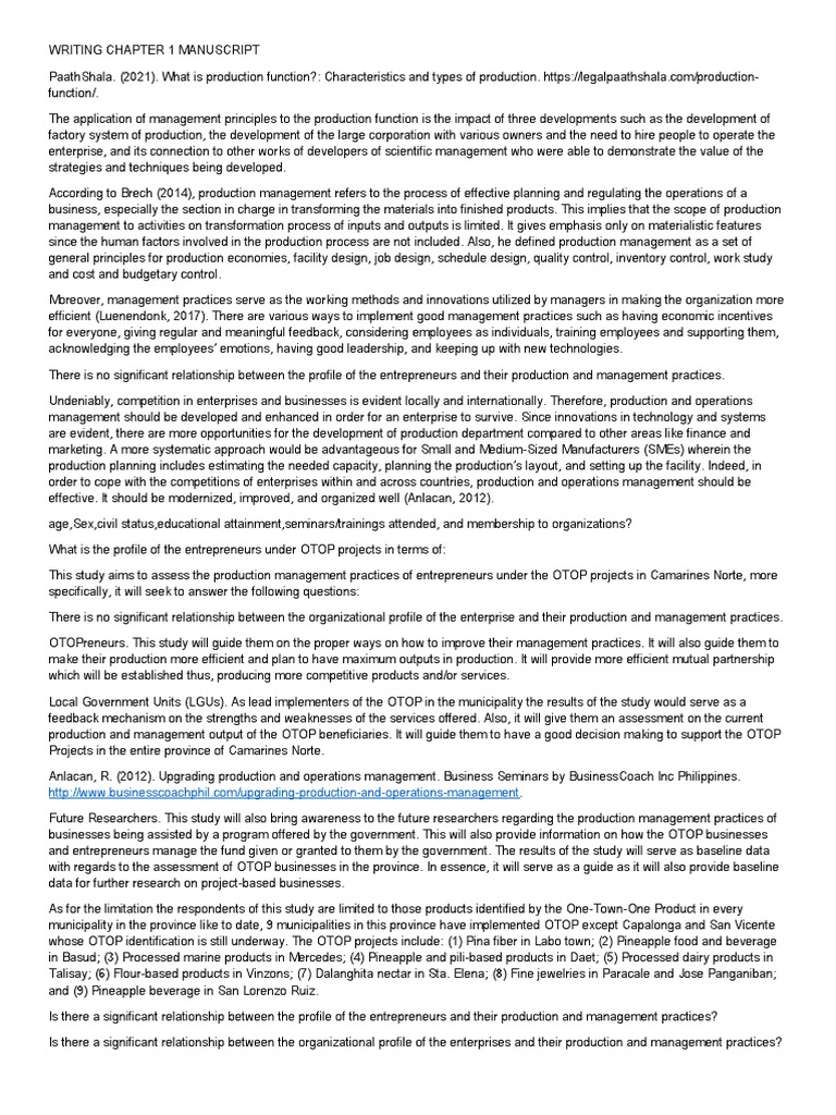 Writing Chapter 1 Manuscript Download Free Pdf Production Function