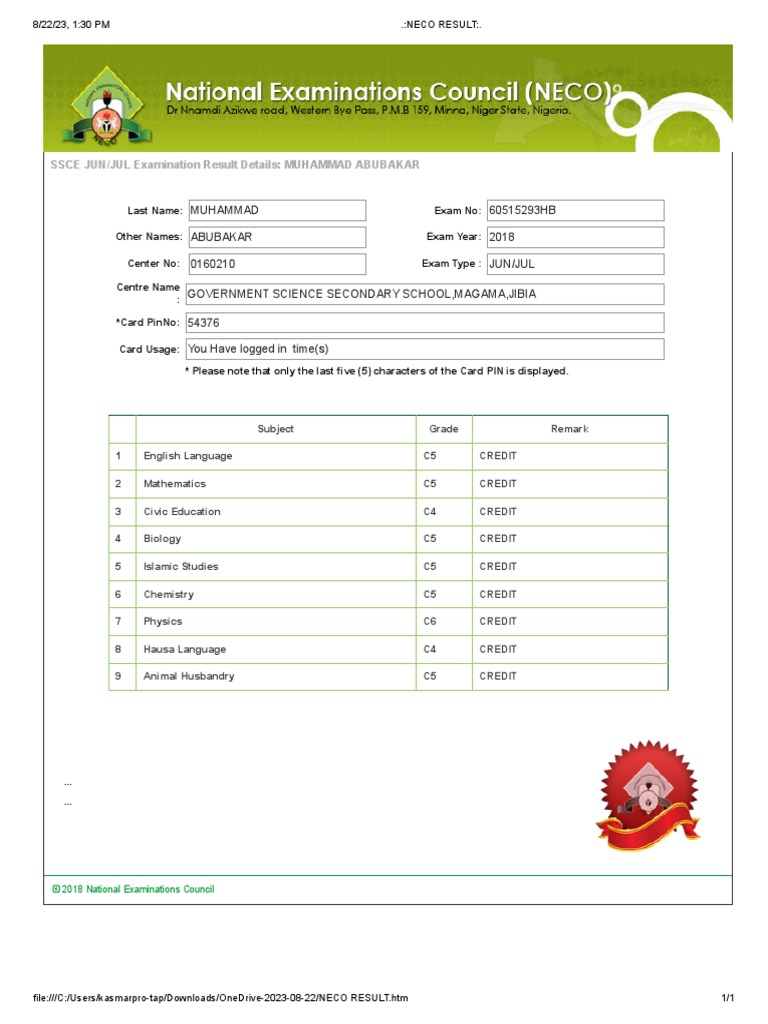 NECO SSCE Result Sample 2018 | PDF