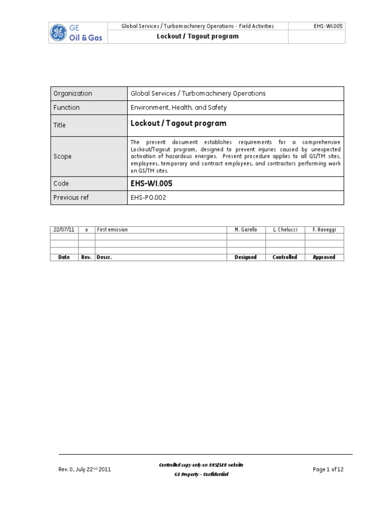EHS-WI.005 Lockout-Tagout Program (Eng Ver0) | PDF | Physical Sciences