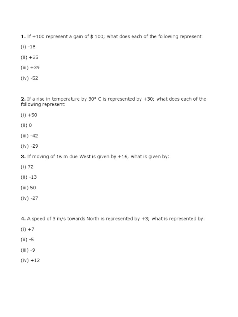 Worksheet On Use of Integers As Directed Numbers | PDF