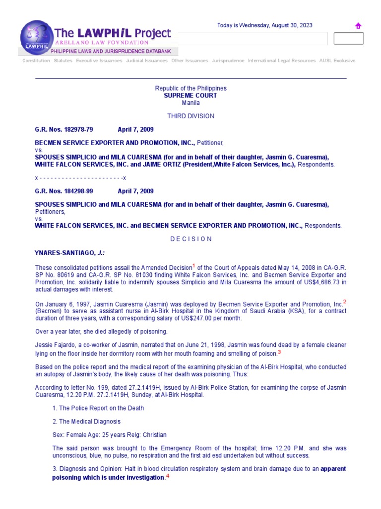 Becmen Service Exports VS Cuaresma PDF Employment Legal Liability