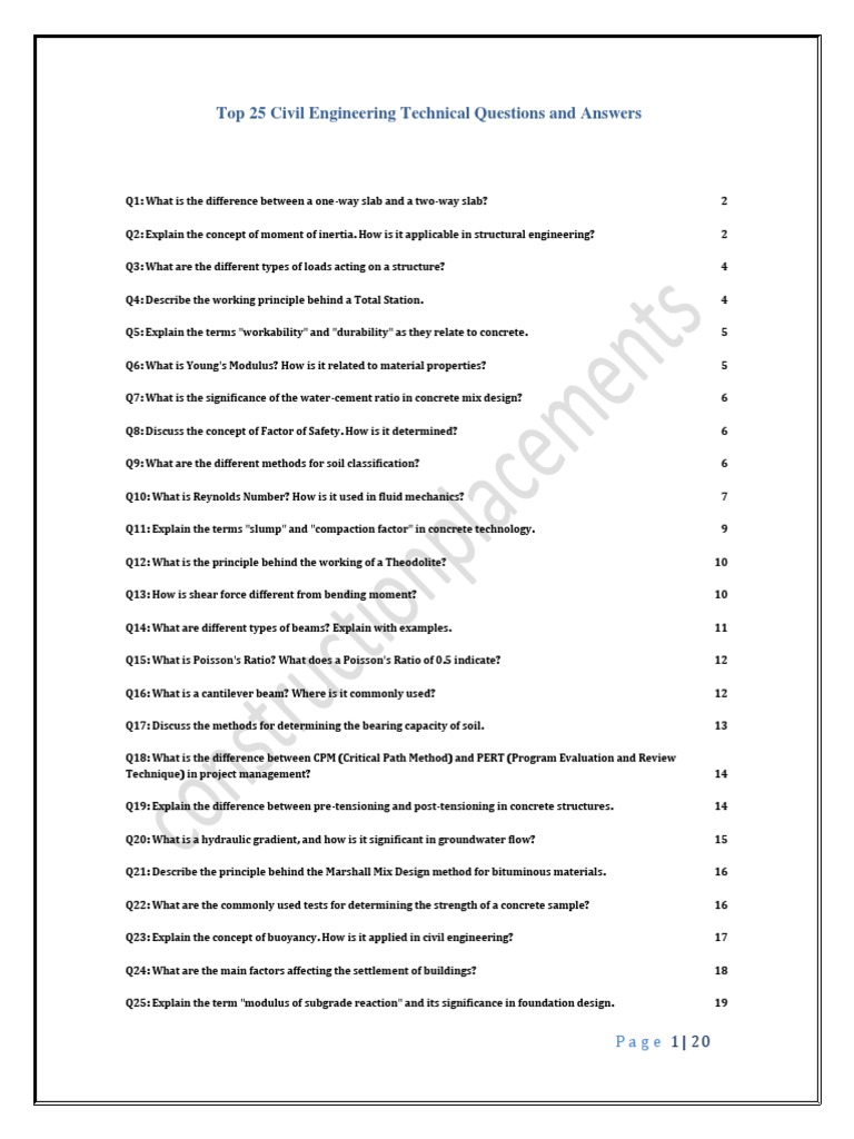 Top 25 Civil Engineering Technical Questions and Answers PDF Buoyancy Reynolds Number