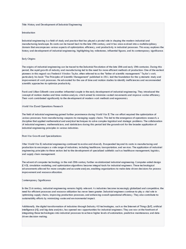 History and Development of Industrial Engineering | PDF