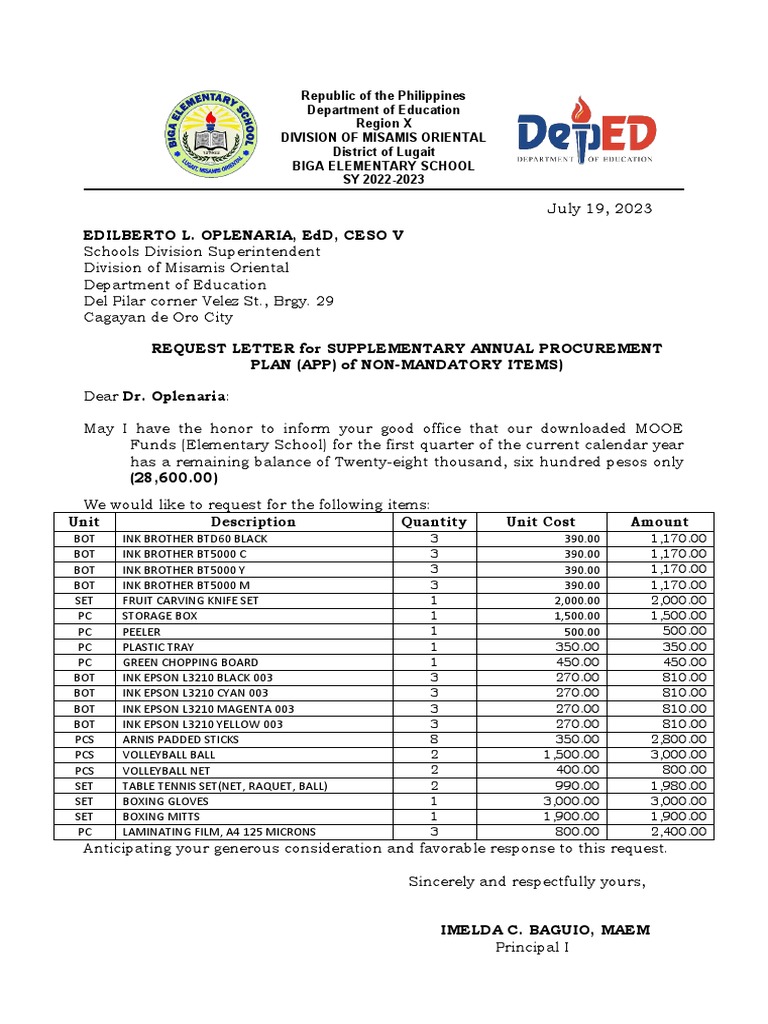 Supplemental Request Letter Sample PDF