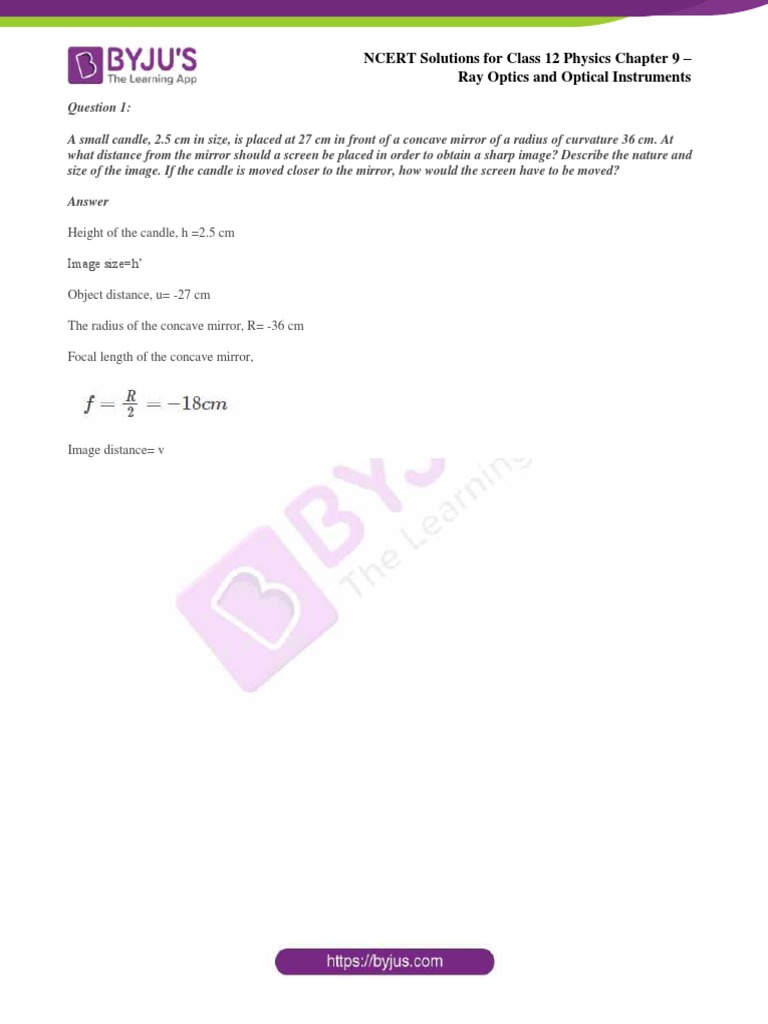 NCERT Solutions For Class 12 Physics Chapter 9 Ray Optics and Optical