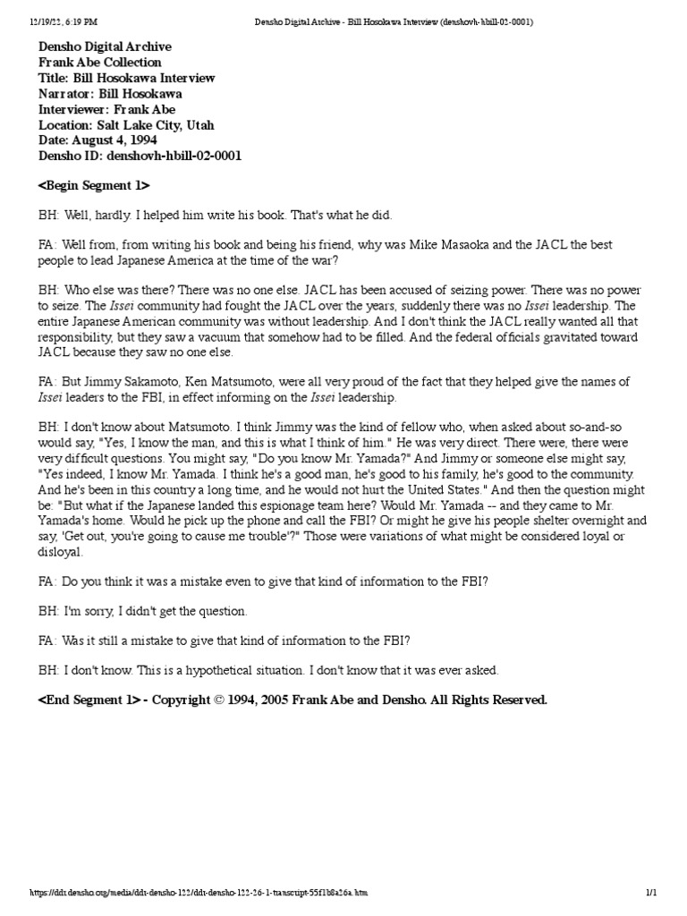 Densho Digital Archive Bill Hosokawa Interview (DenshovhHbill02