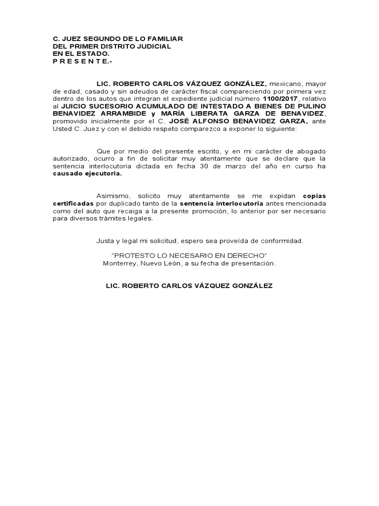 1100-2017 Solicita Cause Ejecutoria y Expedicion de Copias Certificadas