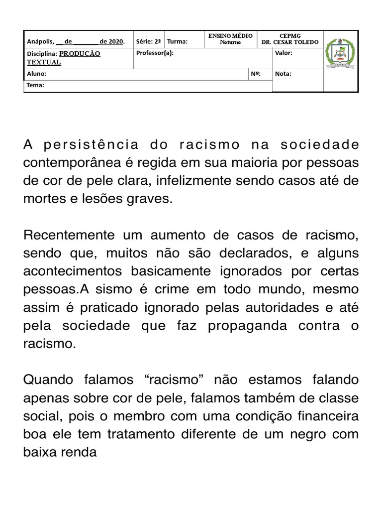 Redação 2º Bimestre | PDF | Racismo | Discriminação e Relações Raciais