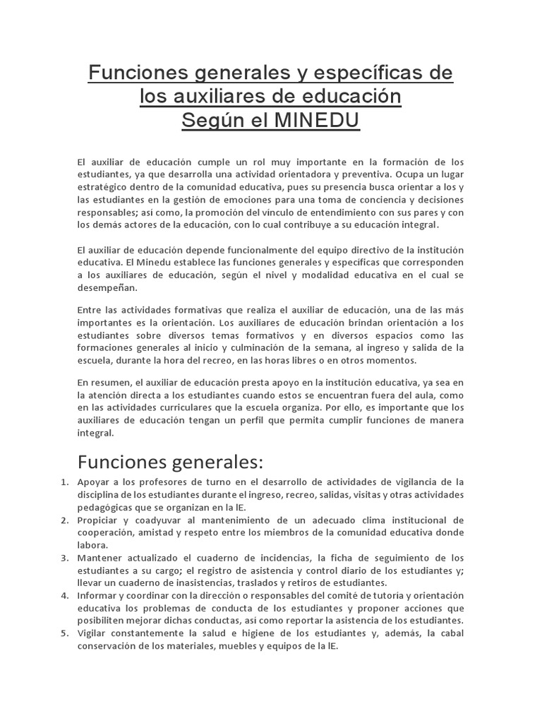 Funciones del Auxiliar de Educación 2025 | PDF | Maestros | Educación ...