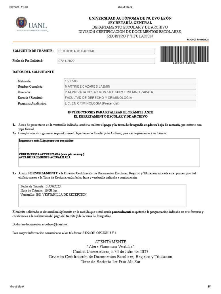 Trámite de Certificado Parcial 1586586 | PDF