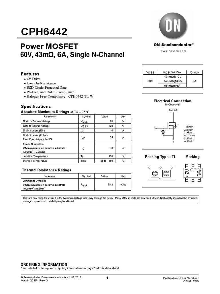 CPH6442TLW Datasheets PDF Field Effect Transistor Mosfet