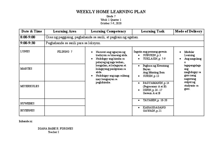 Weekly Home Learning Plan | PDF