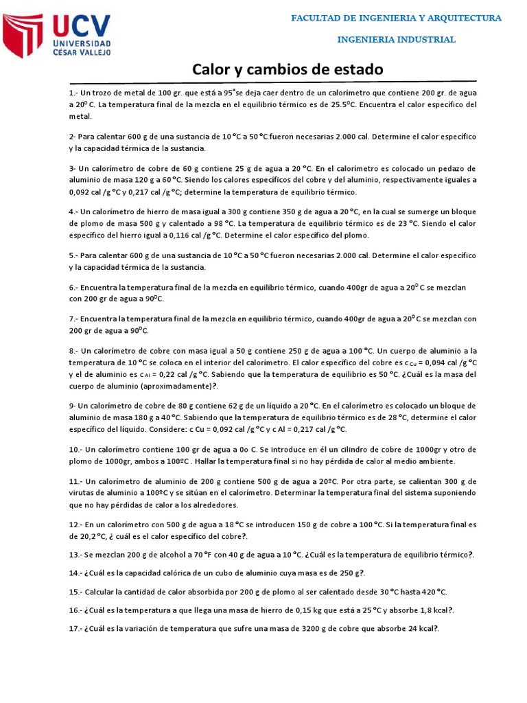 Cálculos de Calor y Equilibrio Térmico | PDF | Calor | Temperatura