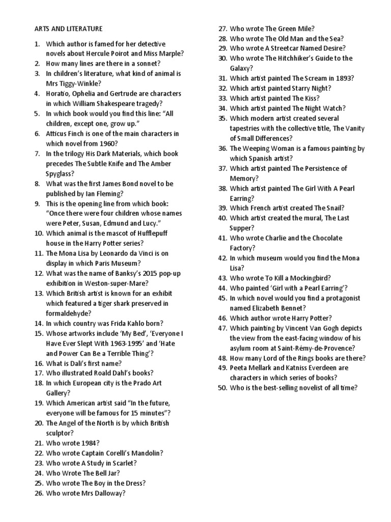 ARTS and LIT QUIZ PDF