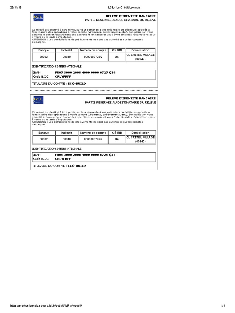 RIB et IBAN pour Eco-Build LCL | PDF | Banques | Argent