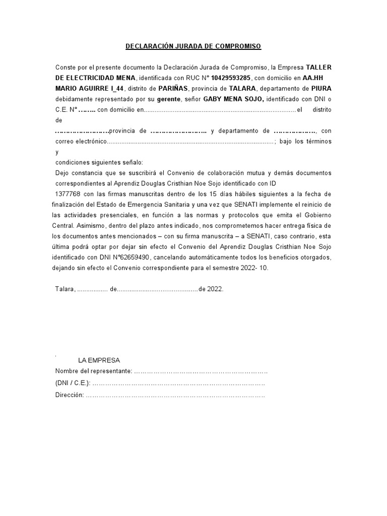 Declaración Jurada de Compromiso Empresa... | PDF | Negocios | Finanzas ...
