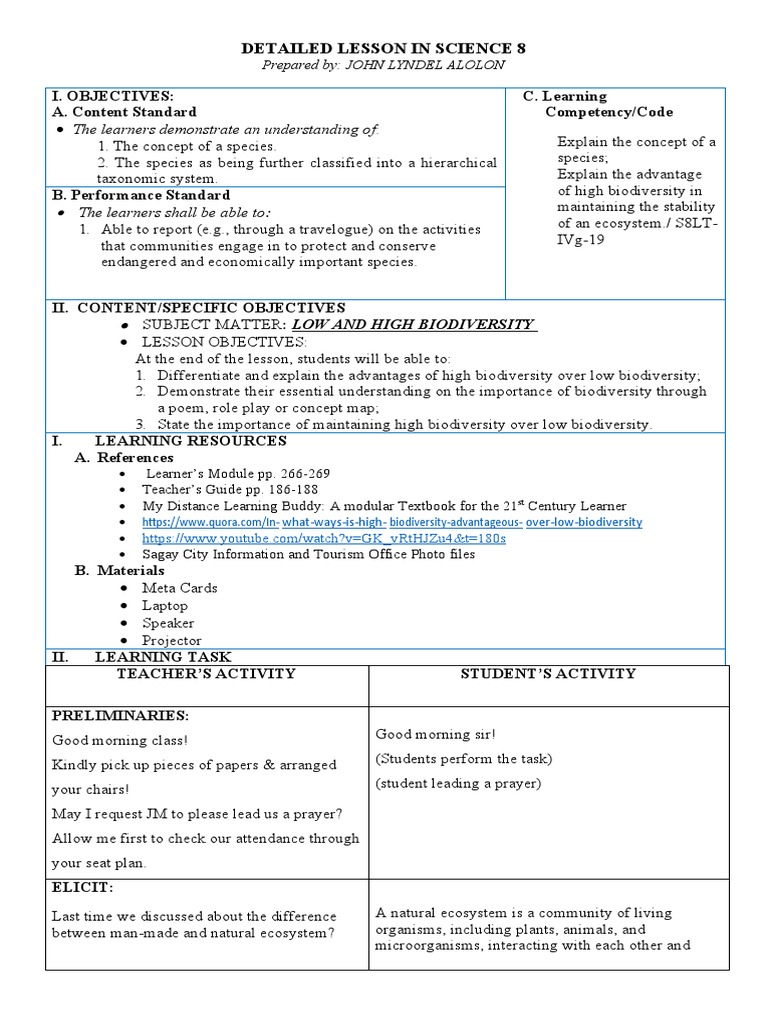 Grade 8 Biodiversity Lesson Plan | PDF | Biodiversity | Habitat Destruction