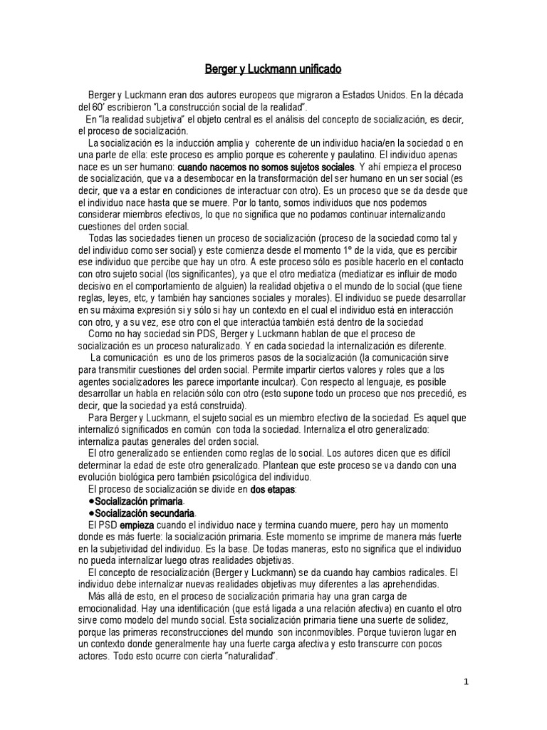 Berger Y Luckmann Socializacion Pdf Socialización Realidad