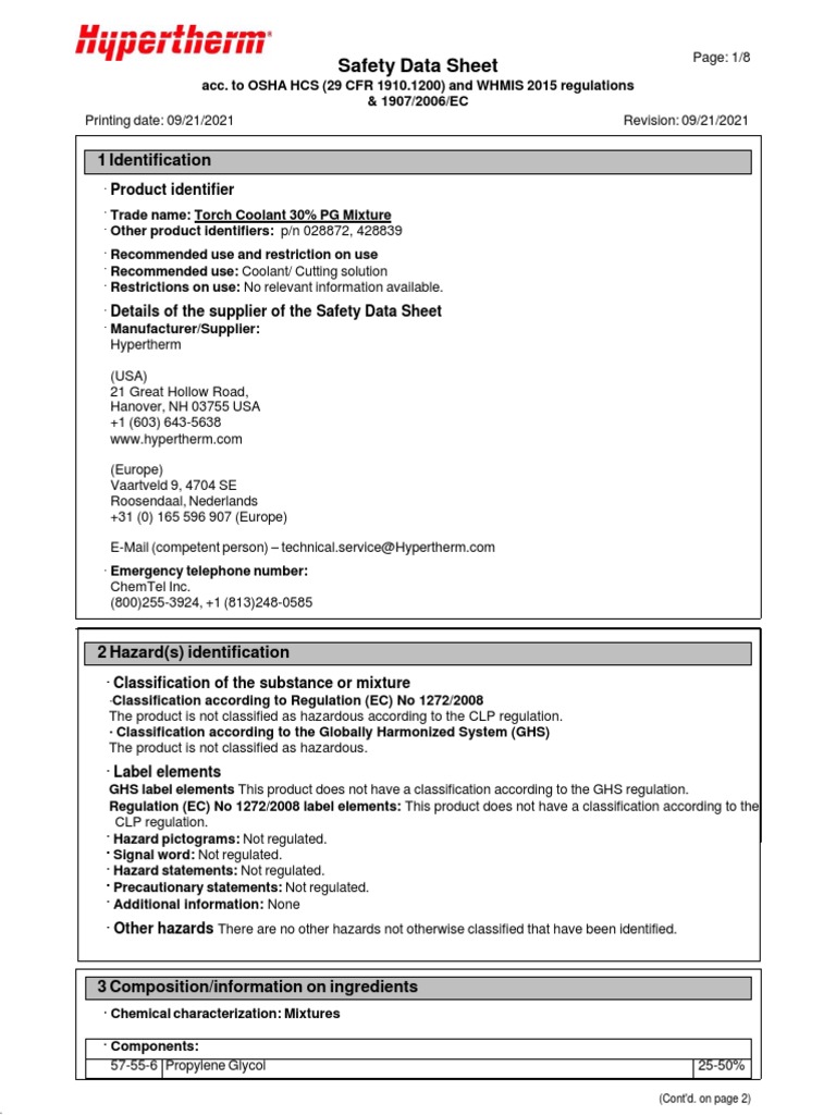 Hypertherm Torch Coolant SDS 028872 | PDF | Occupational Safety And ...