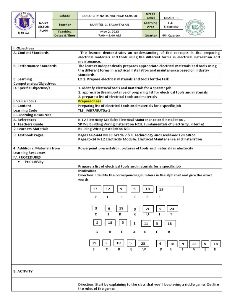 TLE Lesson Plan: Electrical Tools Preparation | PDF | Learning ...