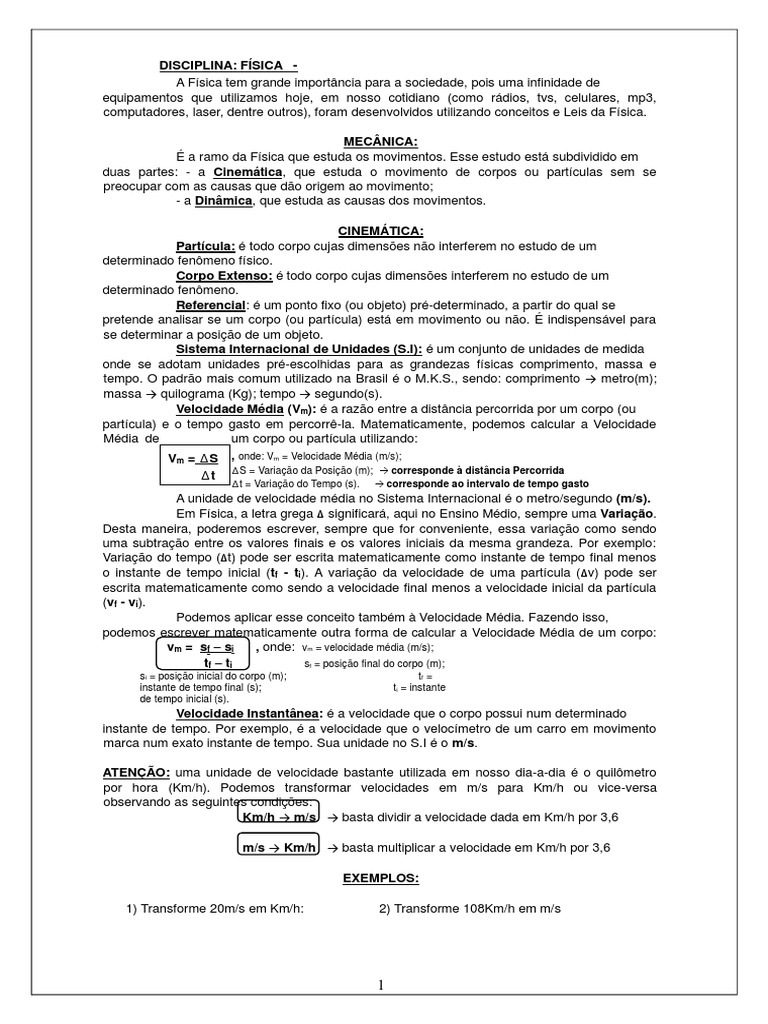 APOSTILA FISICA Parte 1 CEEP | PDF | Velocidade | Leis do Movimento de ...