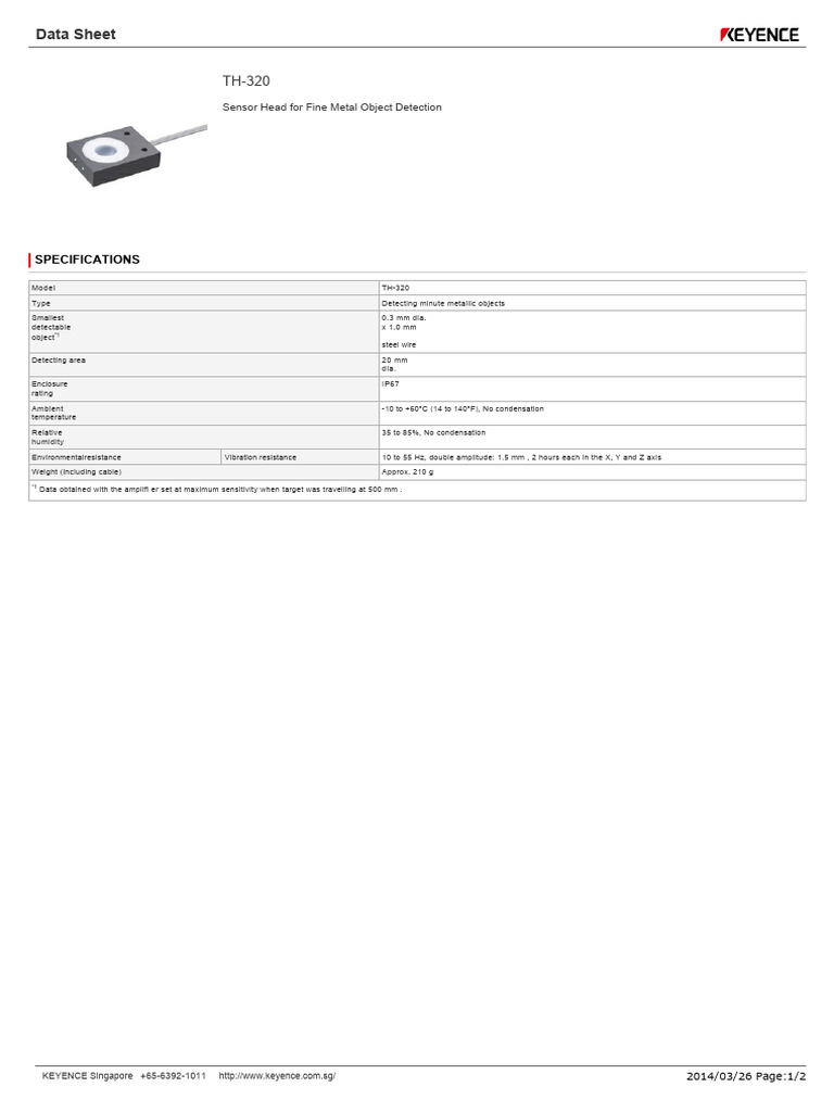 TH-320 Metal Detection Sensor Specs | PDF