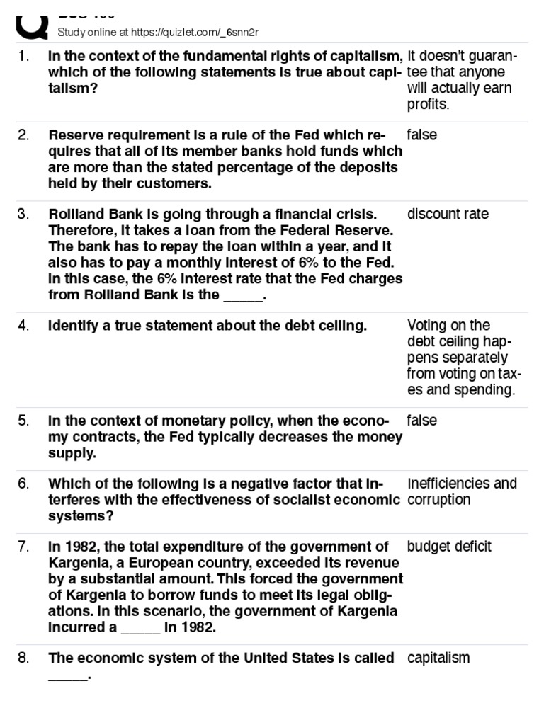 Print BUS 100 Quizlet PDF Federal Reserve Investing