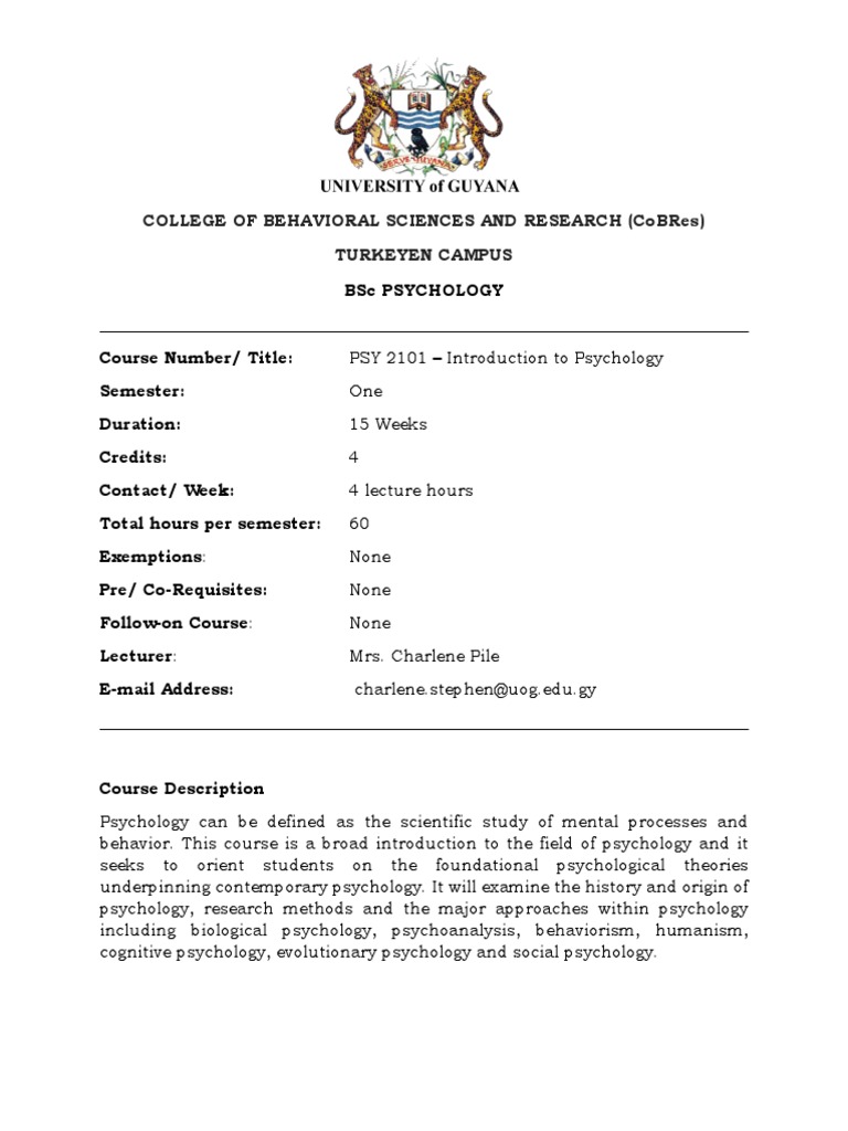 Psy 2101 Introduction To Psychology Course Outline Pdf Psychology