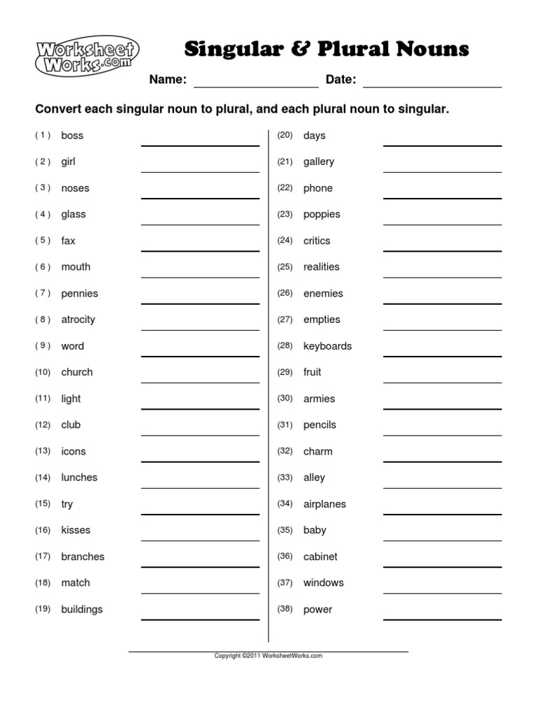 Singular And Plural Nouns Pdf Worksheets