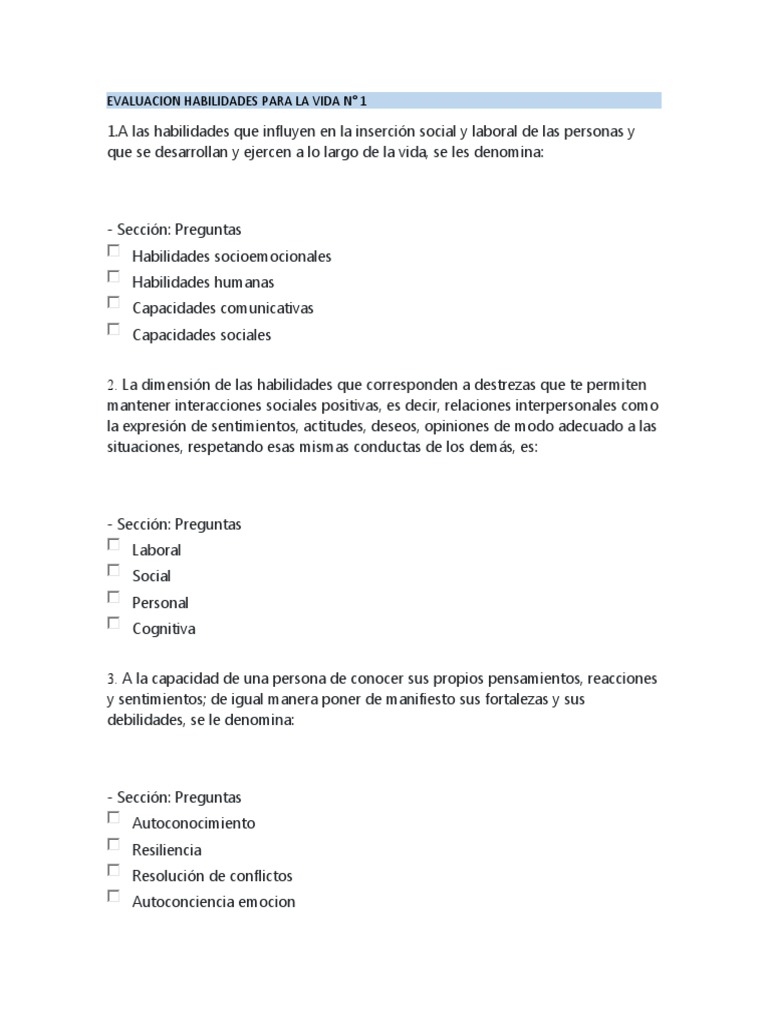Evaluacion Habilidades para La Vida | PDF | Las emociones | Resiliencia ...