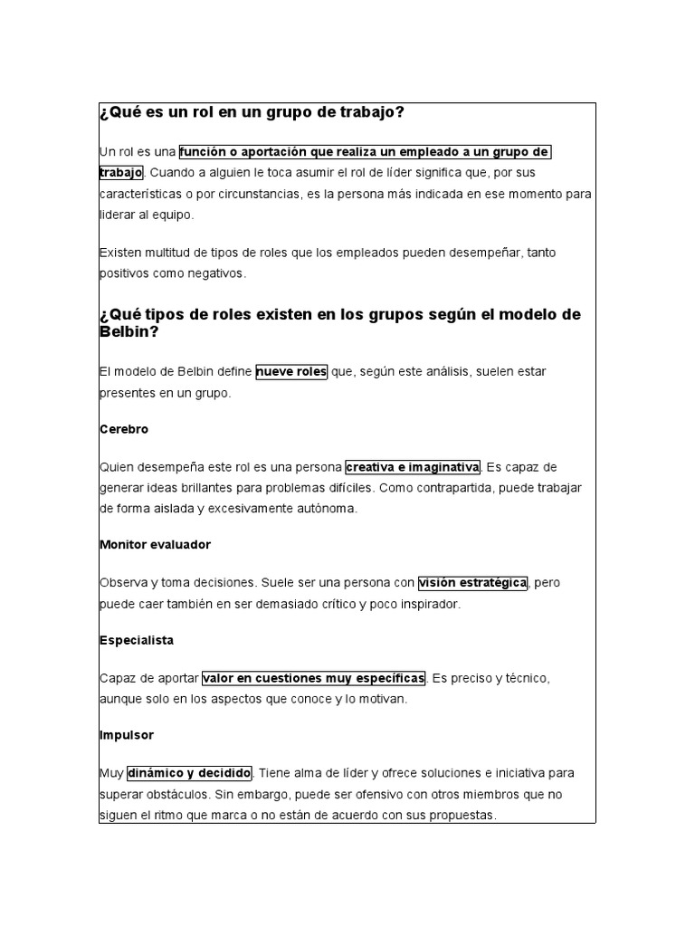 Roles en Grupos de Trabajo según Belbin | PDF | Grupo de trabajo | Toma ...